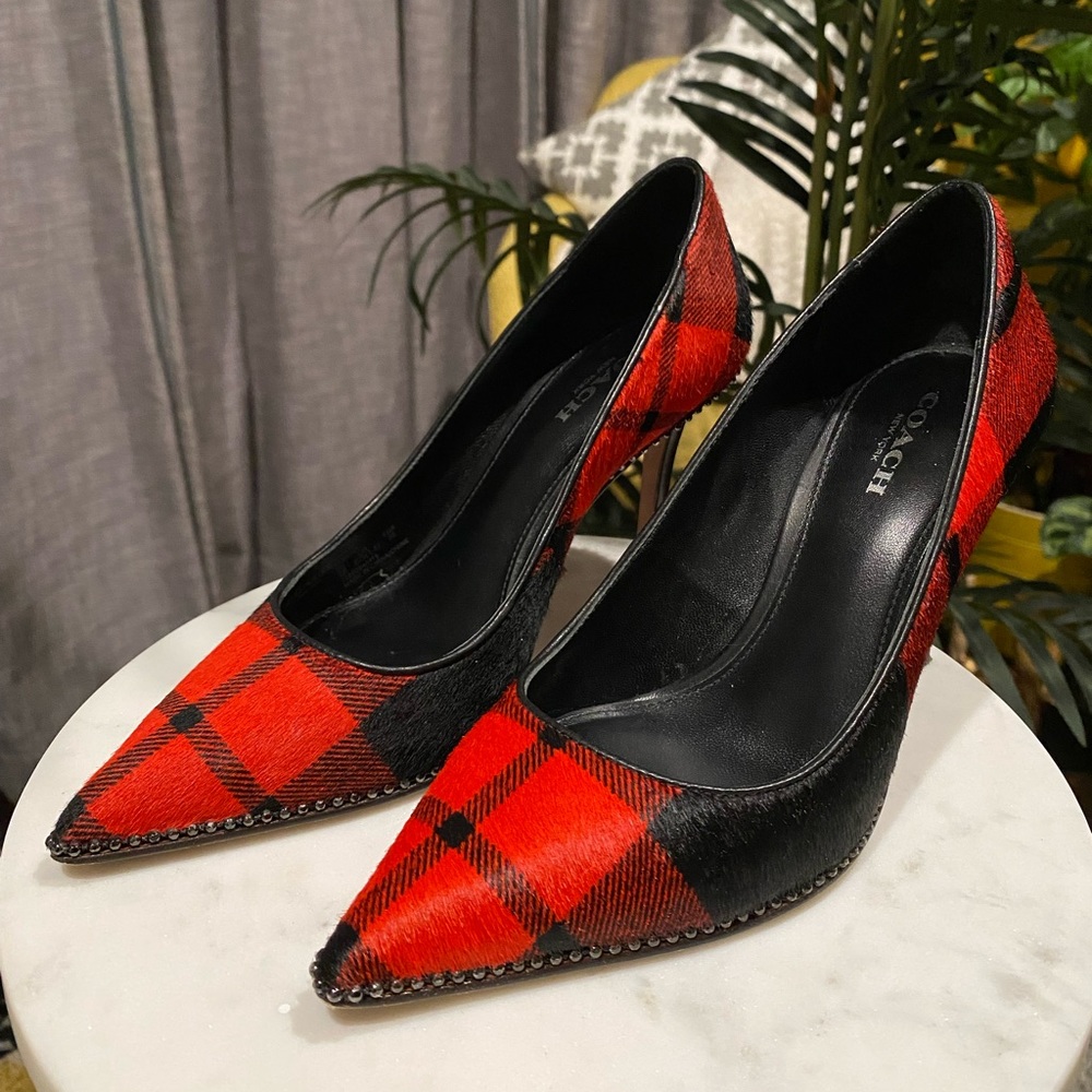 EXCELLENT barely worn Coach Tamara plaid calf hair beaded heels